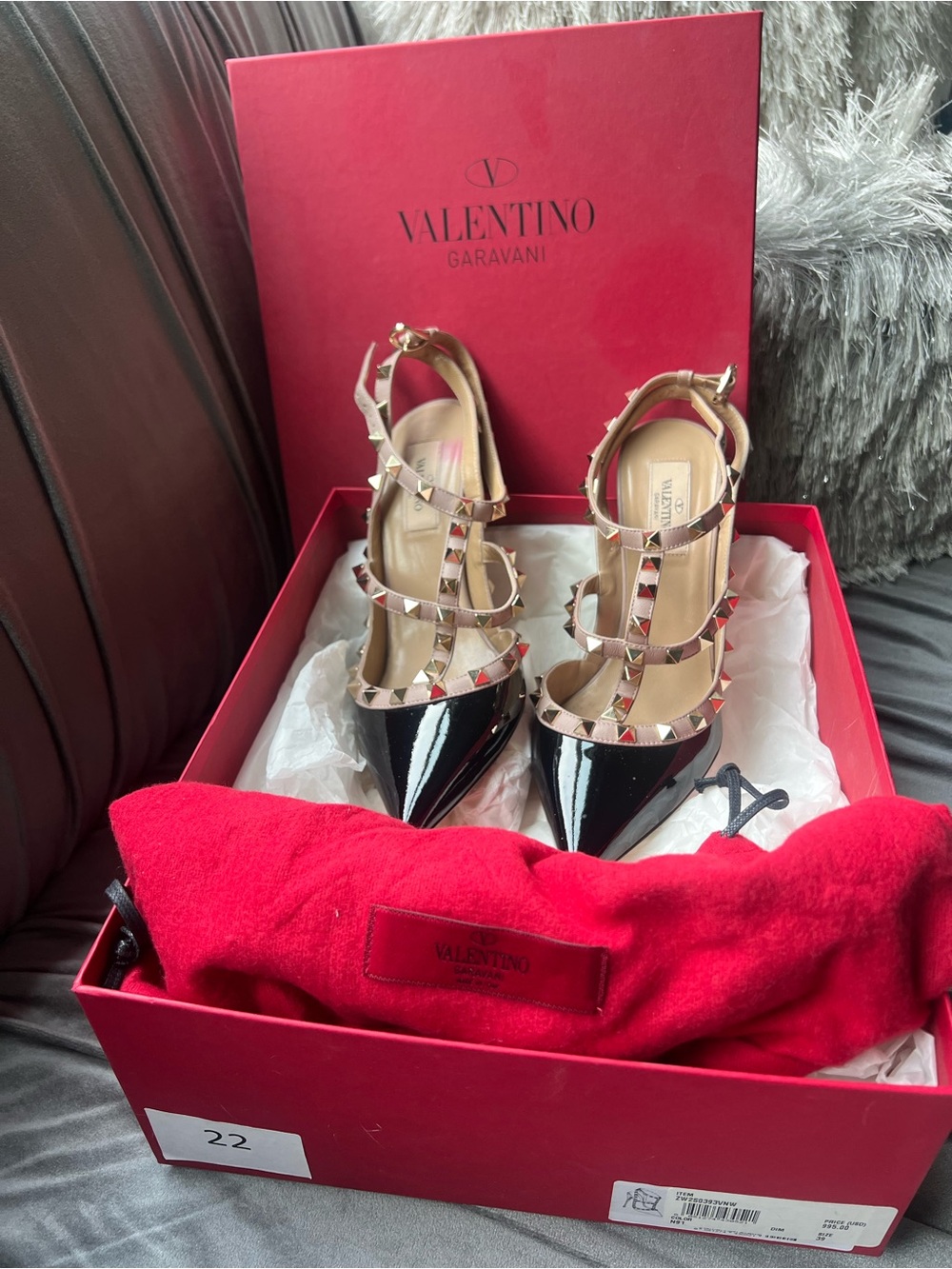 Valentino Garavani Black Patent & Nude Rockstud T-Strap Pointed Pumps